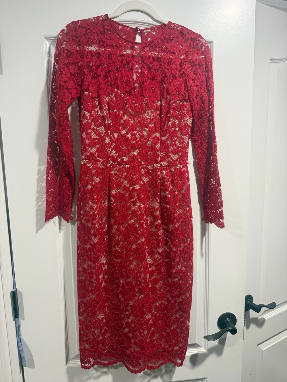 Maggy London Red Lace Midi Dress with Long Sleeves